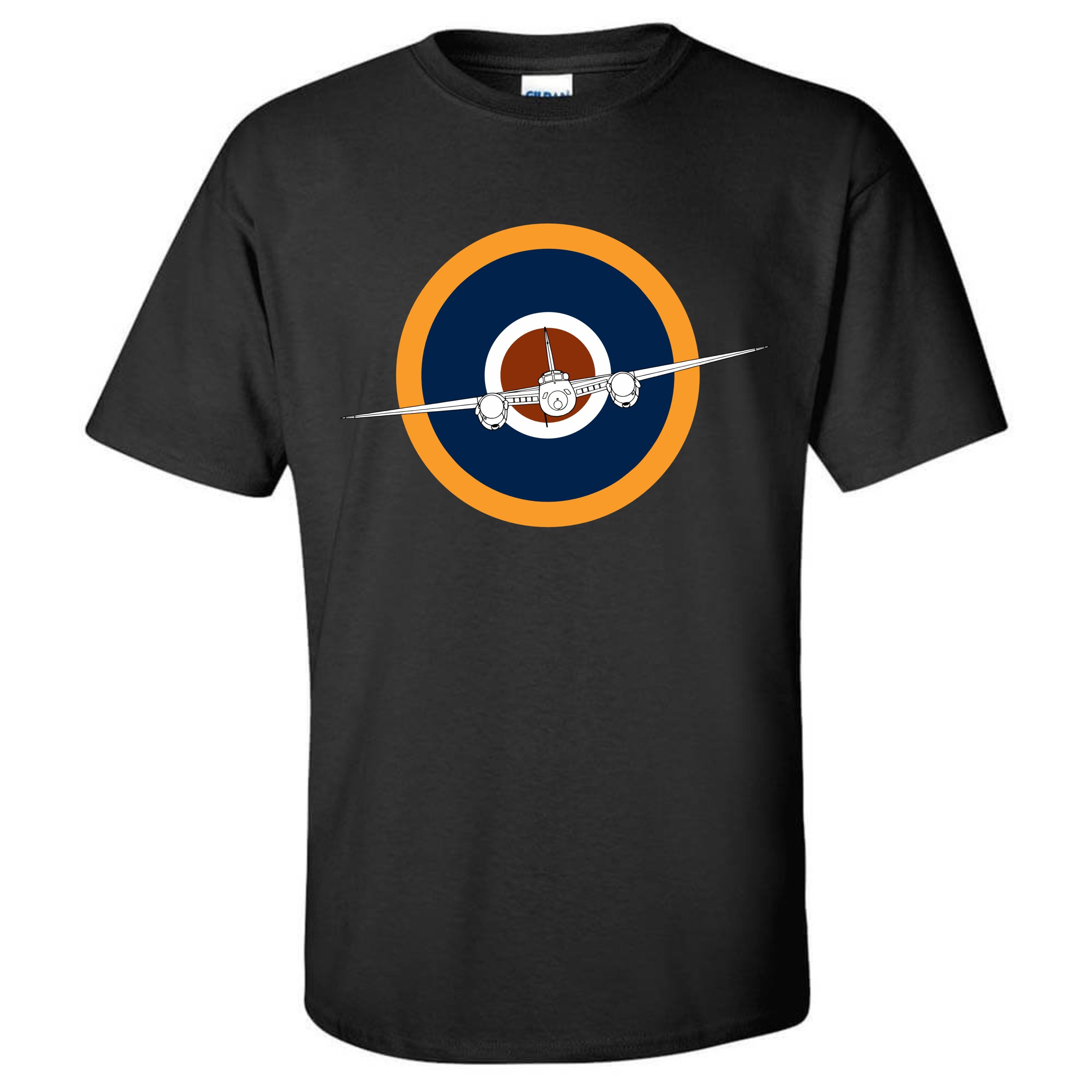 Gildan Black T-shirt with print of RAF roundel with De Havilland Mosquito flying in the middle of the roundel