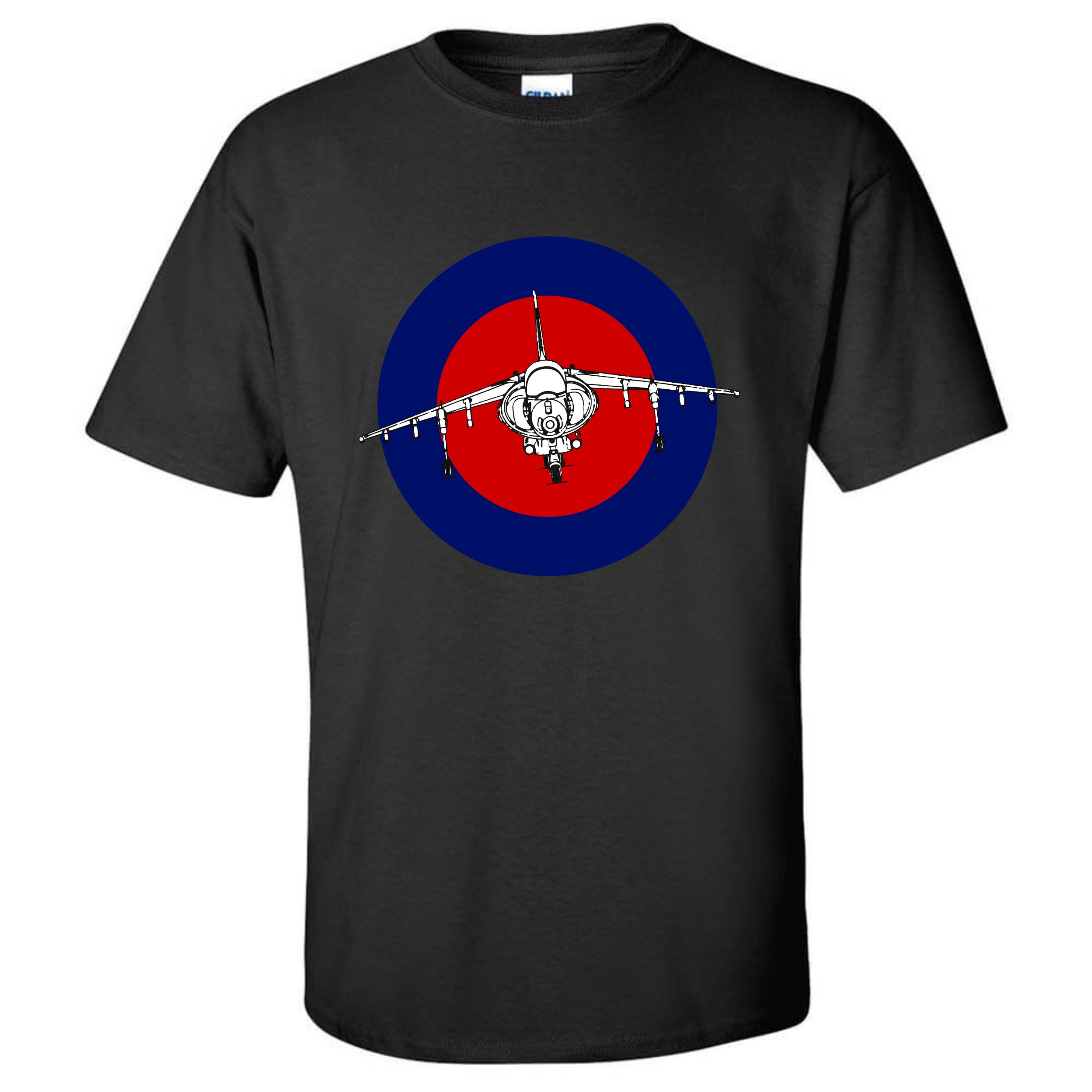 Gildan Black T-shirt with print of RAF roundel with Harrier GR7 flying in the middle of the roundel