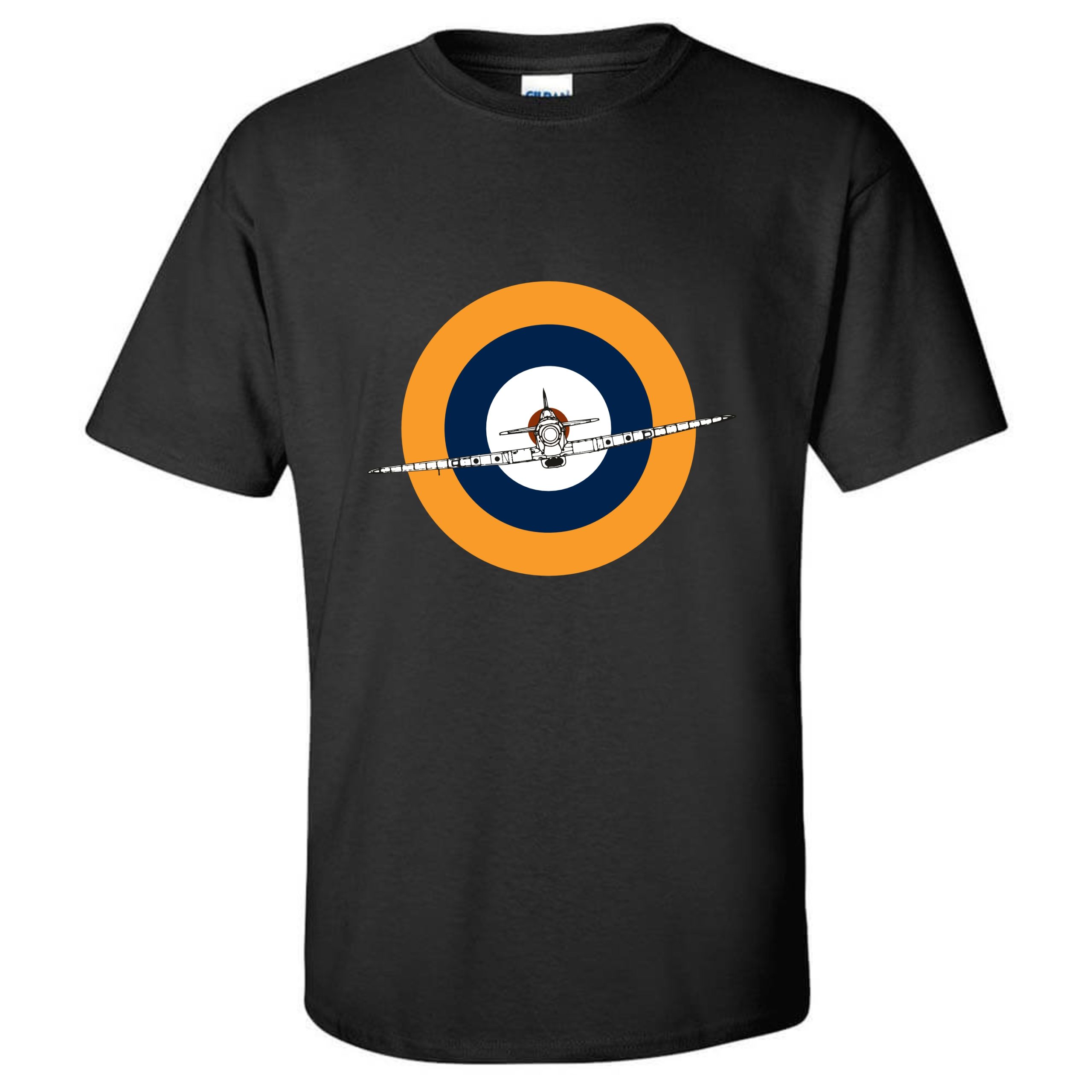 Gildan Black T-shirt with print of RAF roundel with Hawker hurricane flying in the middle of the roundel