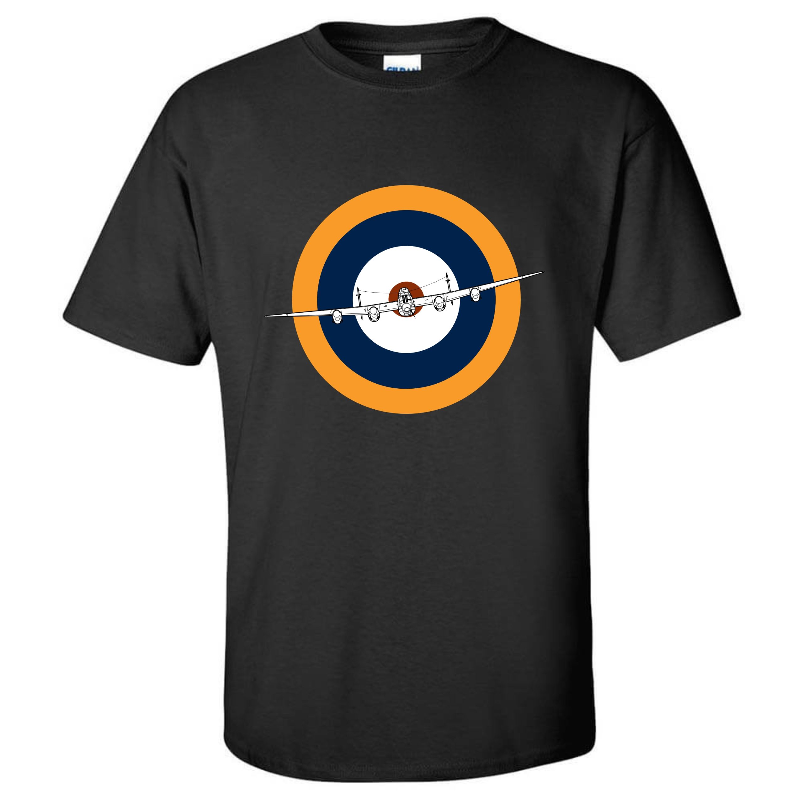 Gildan Black T-shirt with print of RAF roundel with Avron Lancaster flying in the middle of the roundel