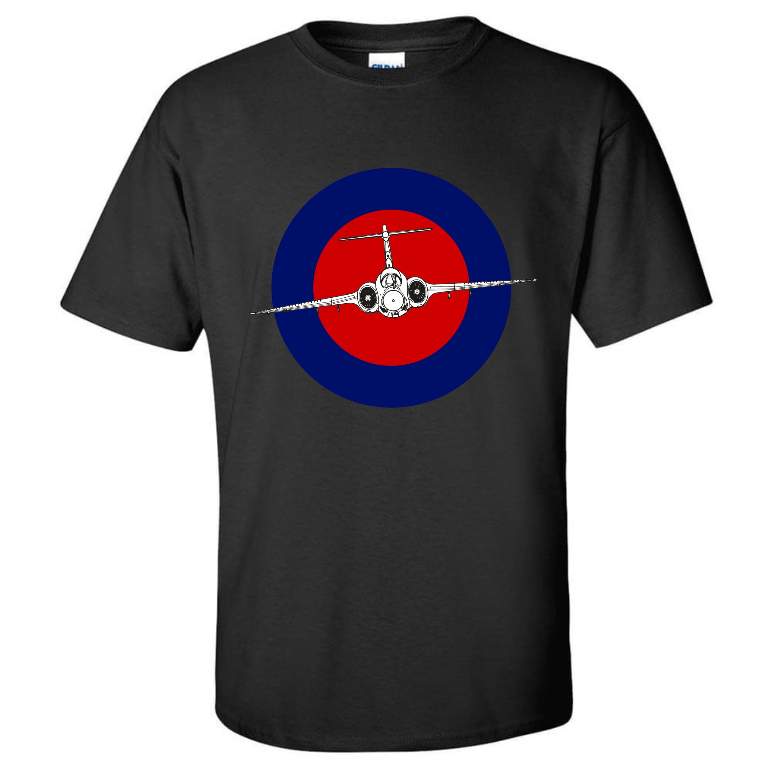 Gildan Black T-shirt with print of RAF roundel with buccaneer flying in the middle of the roundel