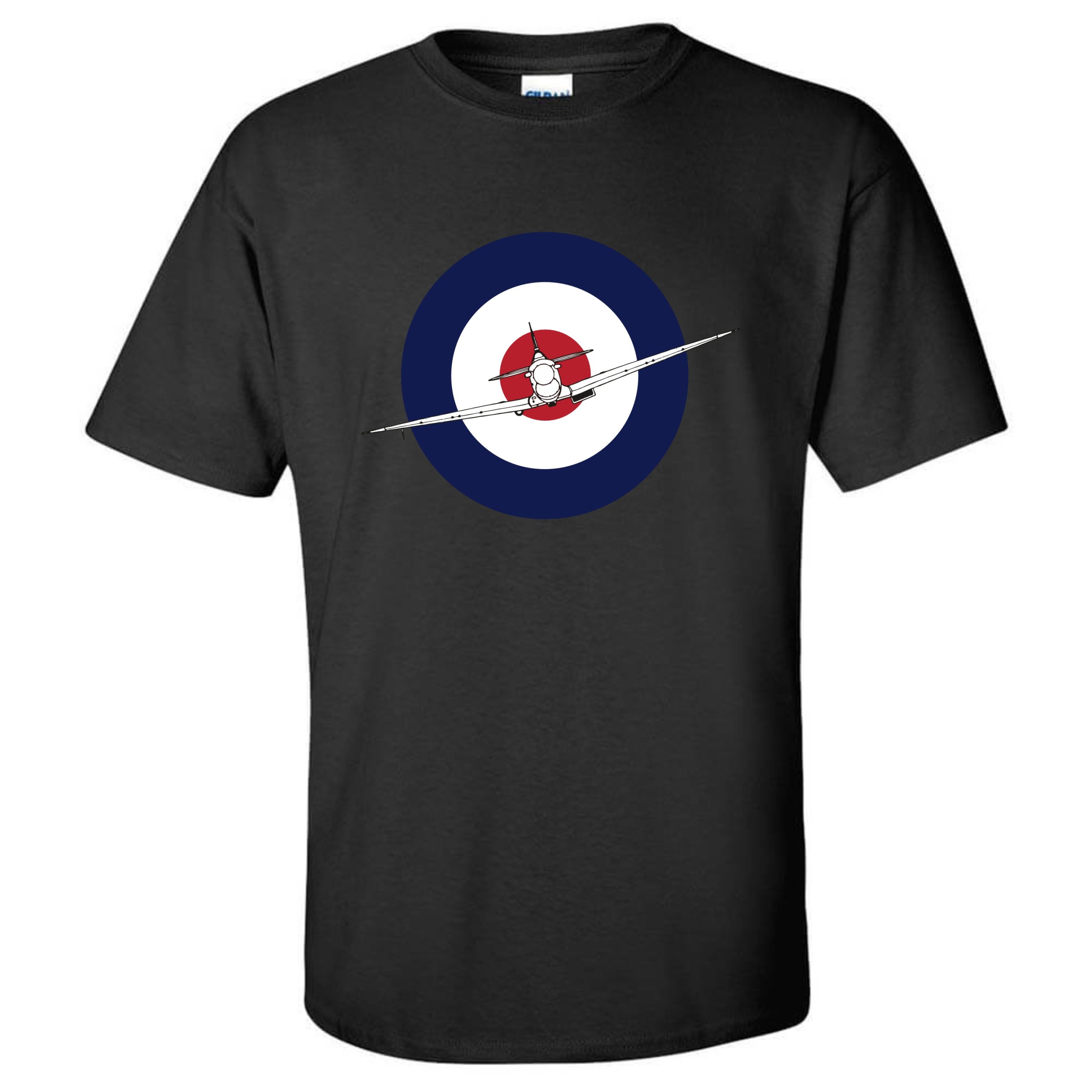 Gildan Black T-shirt with print of RAF roundel with Supermarine Spitfire flying in the middle of the roundel