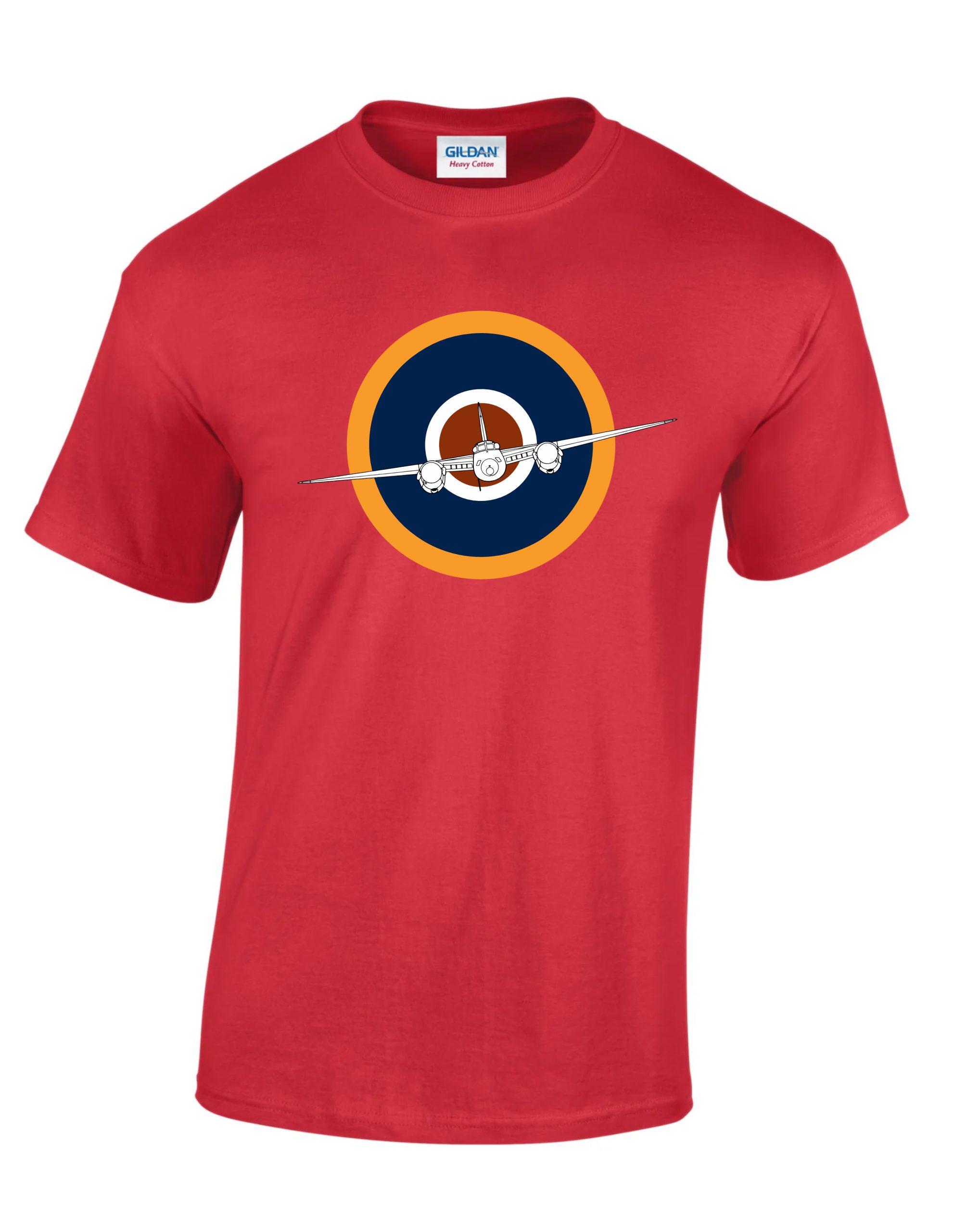 Gildan Red T-shirt with print of RAF roundel with De Havilland Mosquito flying in the middle of the roundel