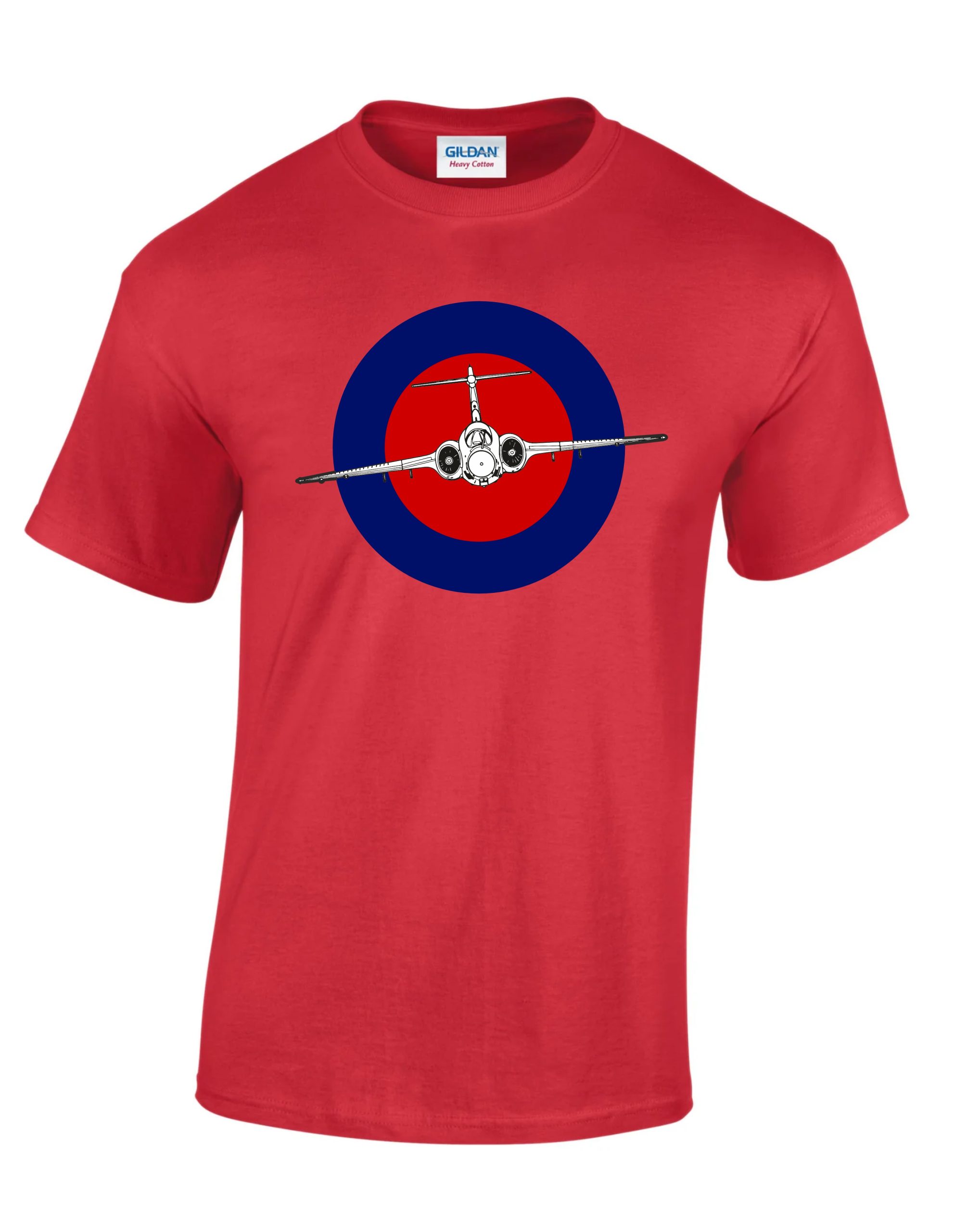Gildan Red T-shirt with print of RAF roundel with buccaneer flying in the middle of the roundel
