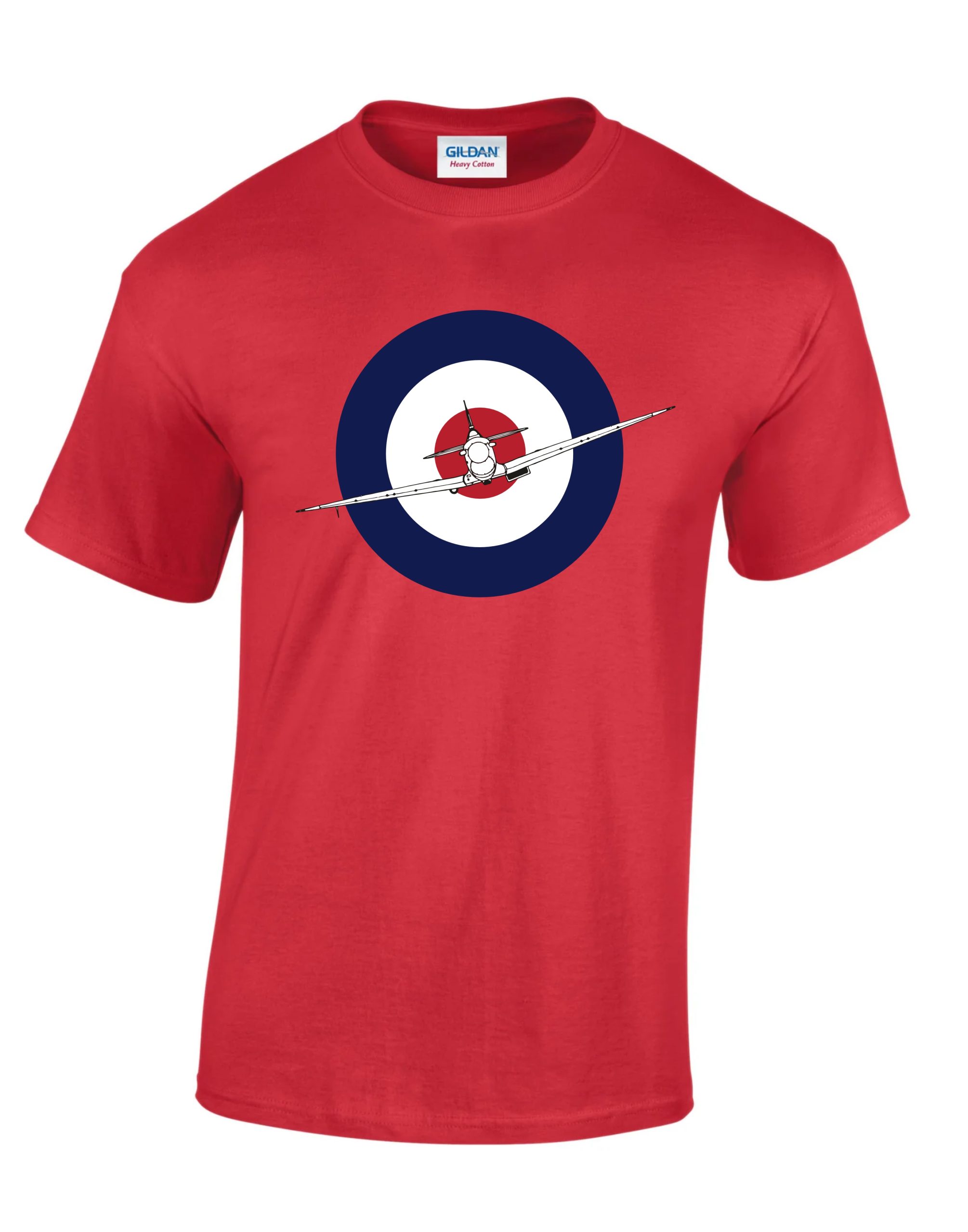 Gildan Red T-shirt with print of RAF roundel with Supermarine Spitfire flying in the middle of the roundel