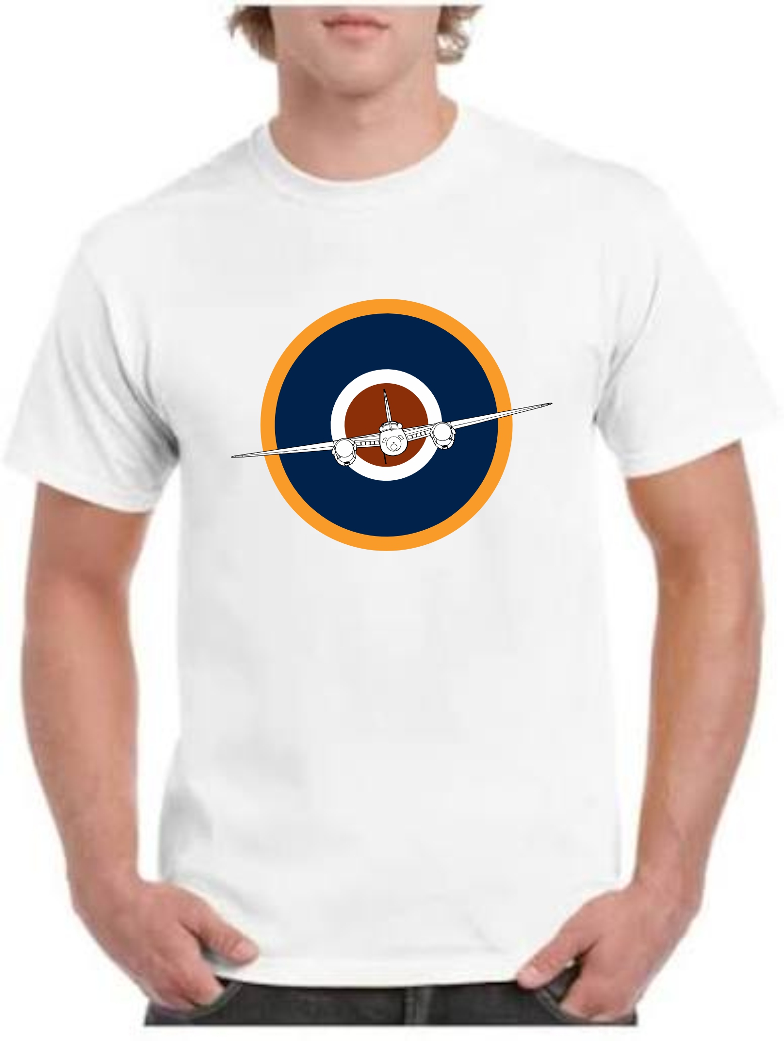 Gildan white T-shirt with print of RAF roundel with De Havilland Mosquito flying in the middle of the roundel