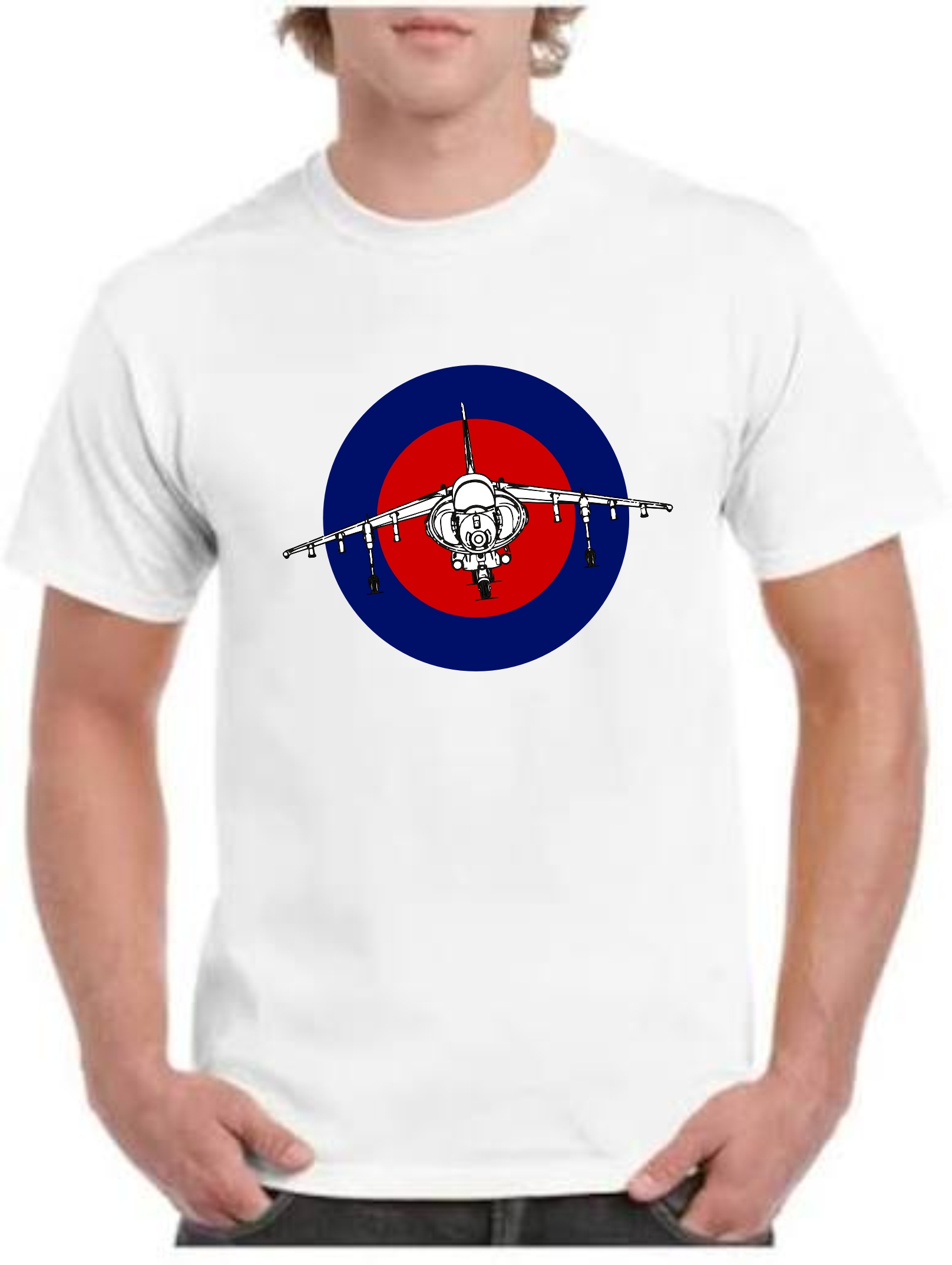 Gildan White T-shirt with print of RAF roundel with Harrier GR7 flying in the middle of the roundel