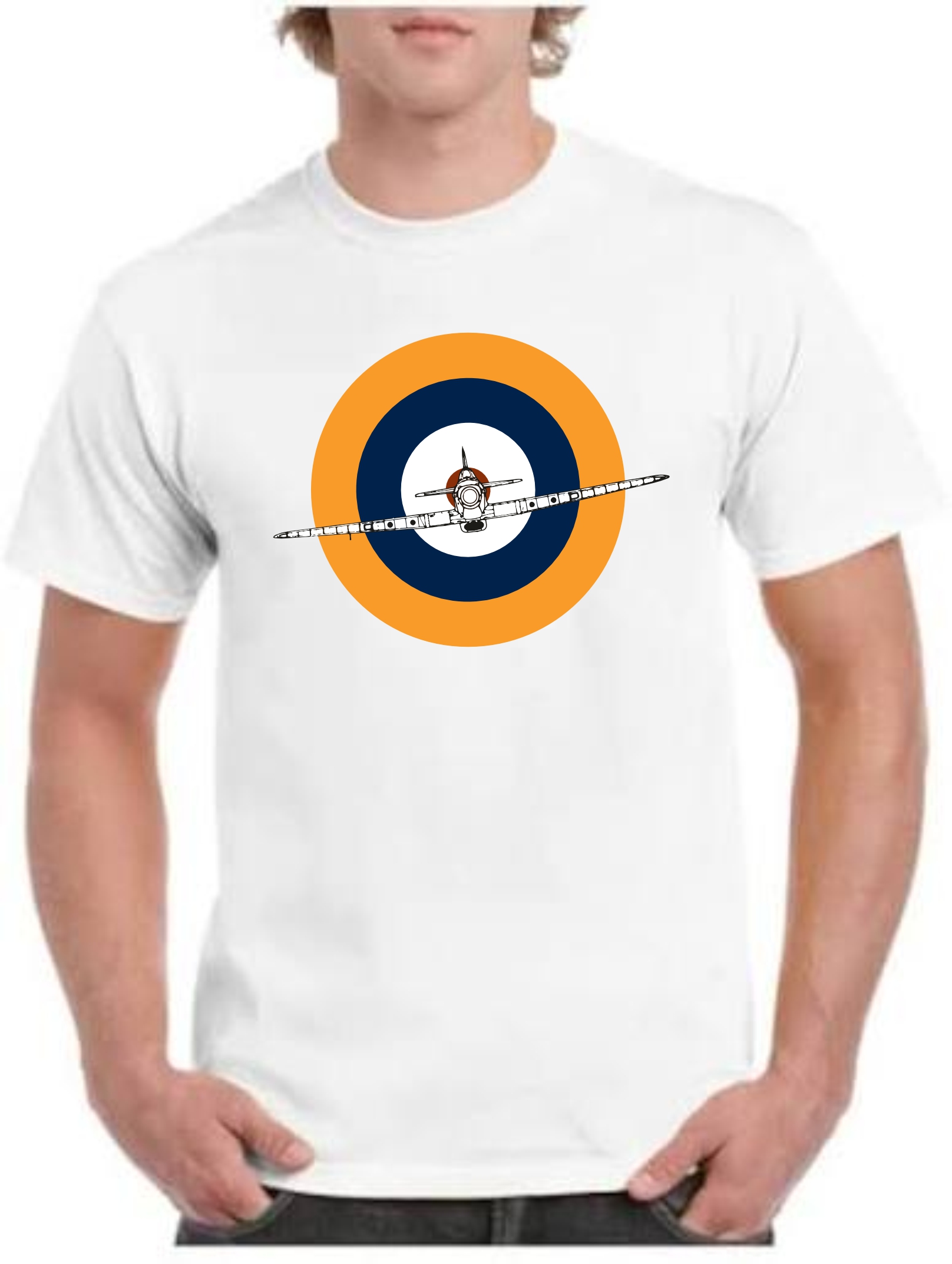 Gildan White T-shirt with print of RAF roundel with Hawker hurricane flying in the middle of the roundel