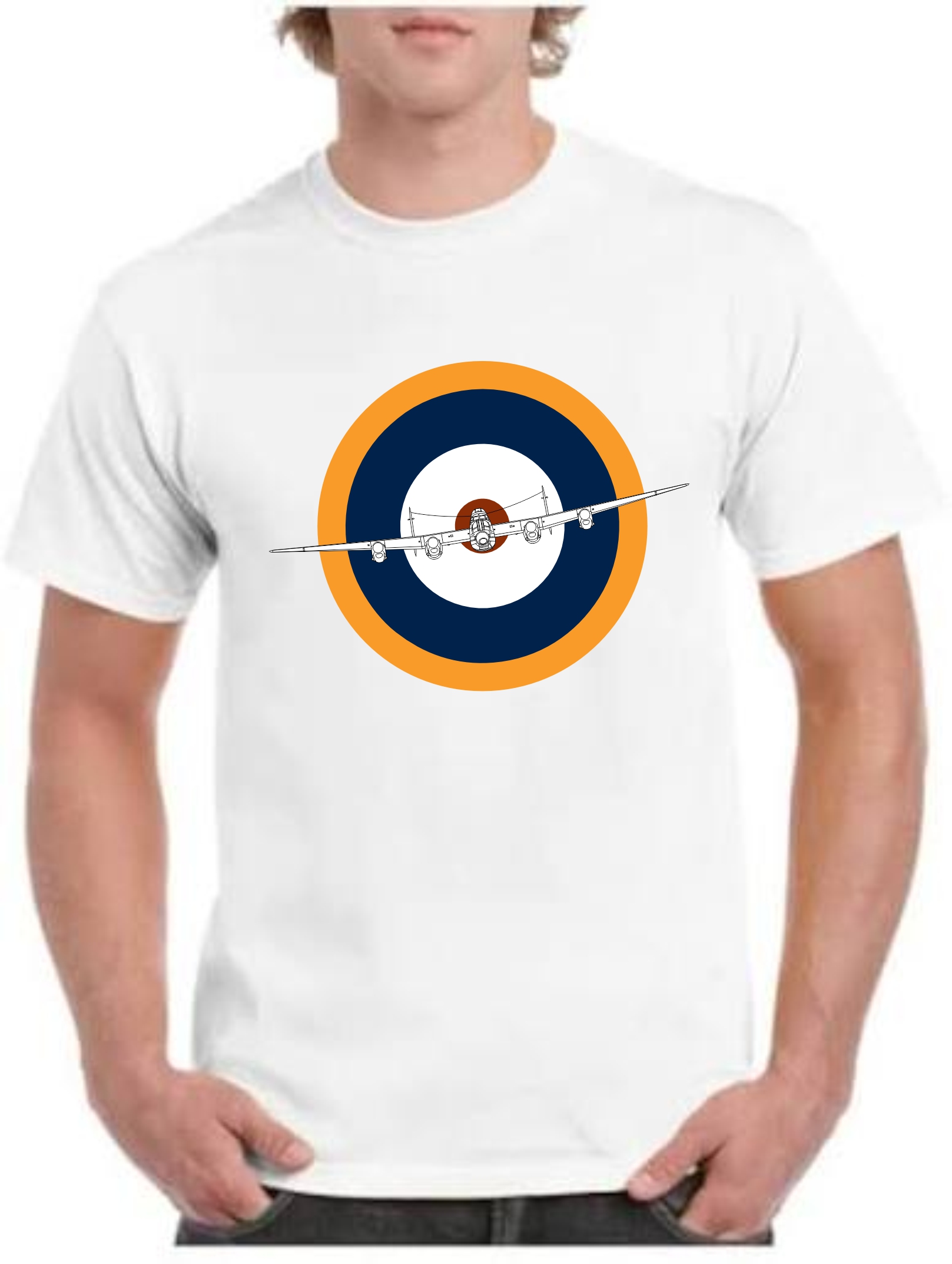 Gildan White T-shirt with print of RAF roundel with Avron Lancaster flying in the middle of the roundel