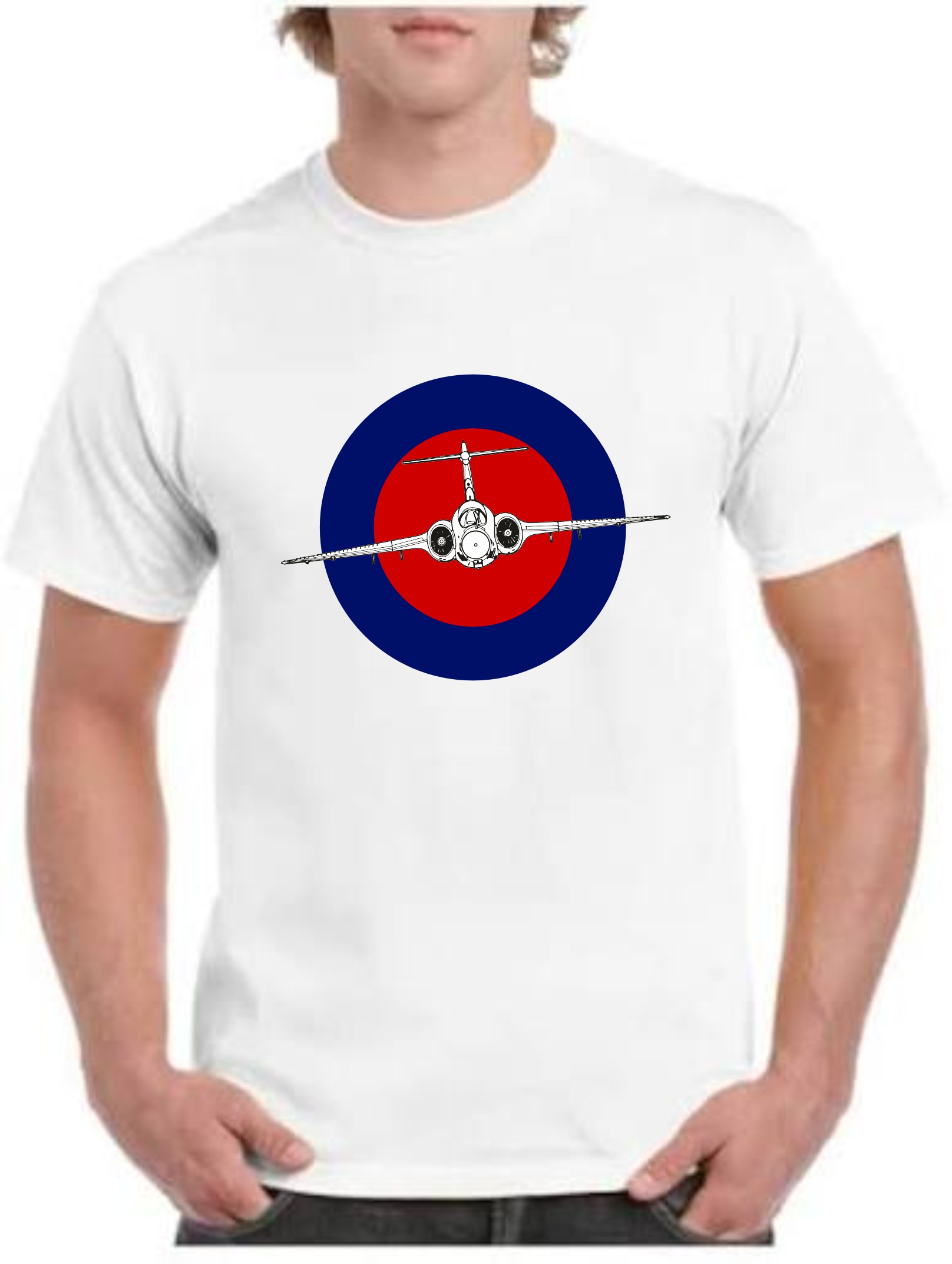 Gildan White T-shirt with print of RAF roundel with buccaneer flying in the middle of the roundel