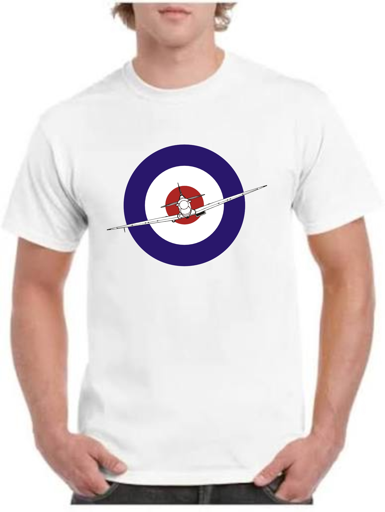 Gildan white T-shirt with print of RAF roundel with Supermarine Spitfire flying in the middle of the roundel