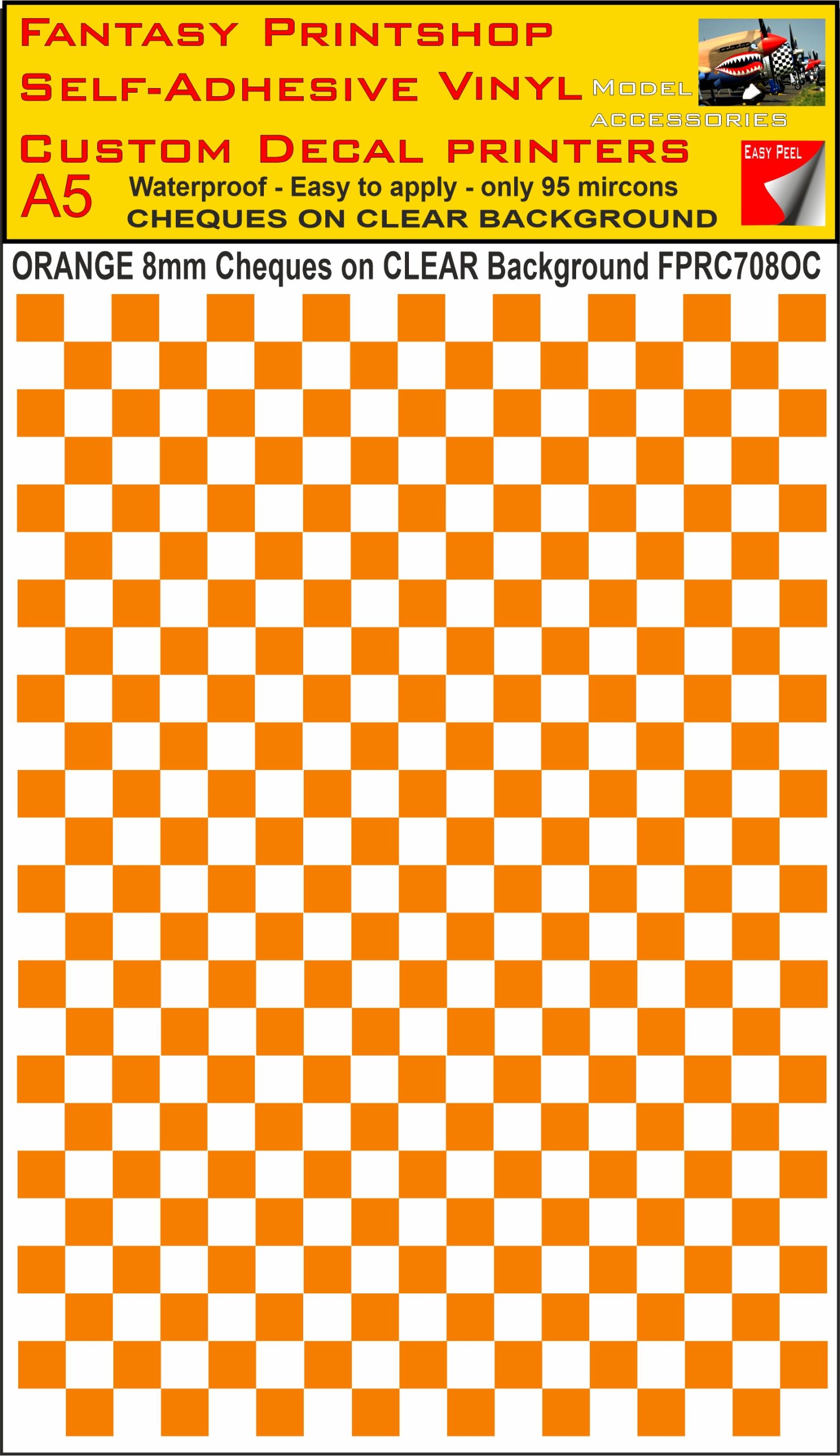 A5 ORANGE 8MM SQUARES FPRC700BC CHEQUERED ON CLEAR BACKGROUND VINYL STICKER