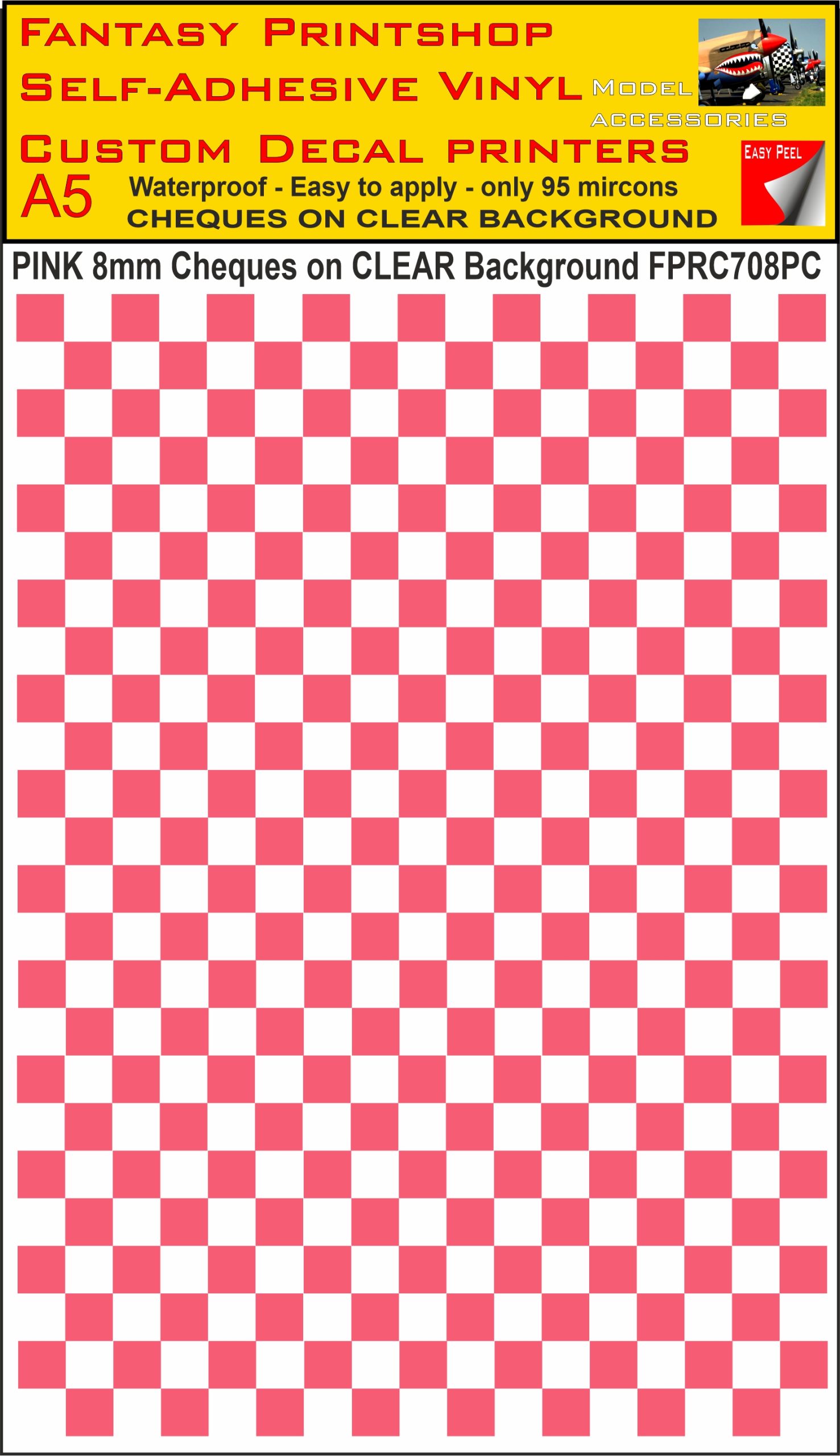 A5 PINK 8MM SQUARES FPRC700BC CHEQUERED ON CLEAR BACKGROUND VINYL STICKER