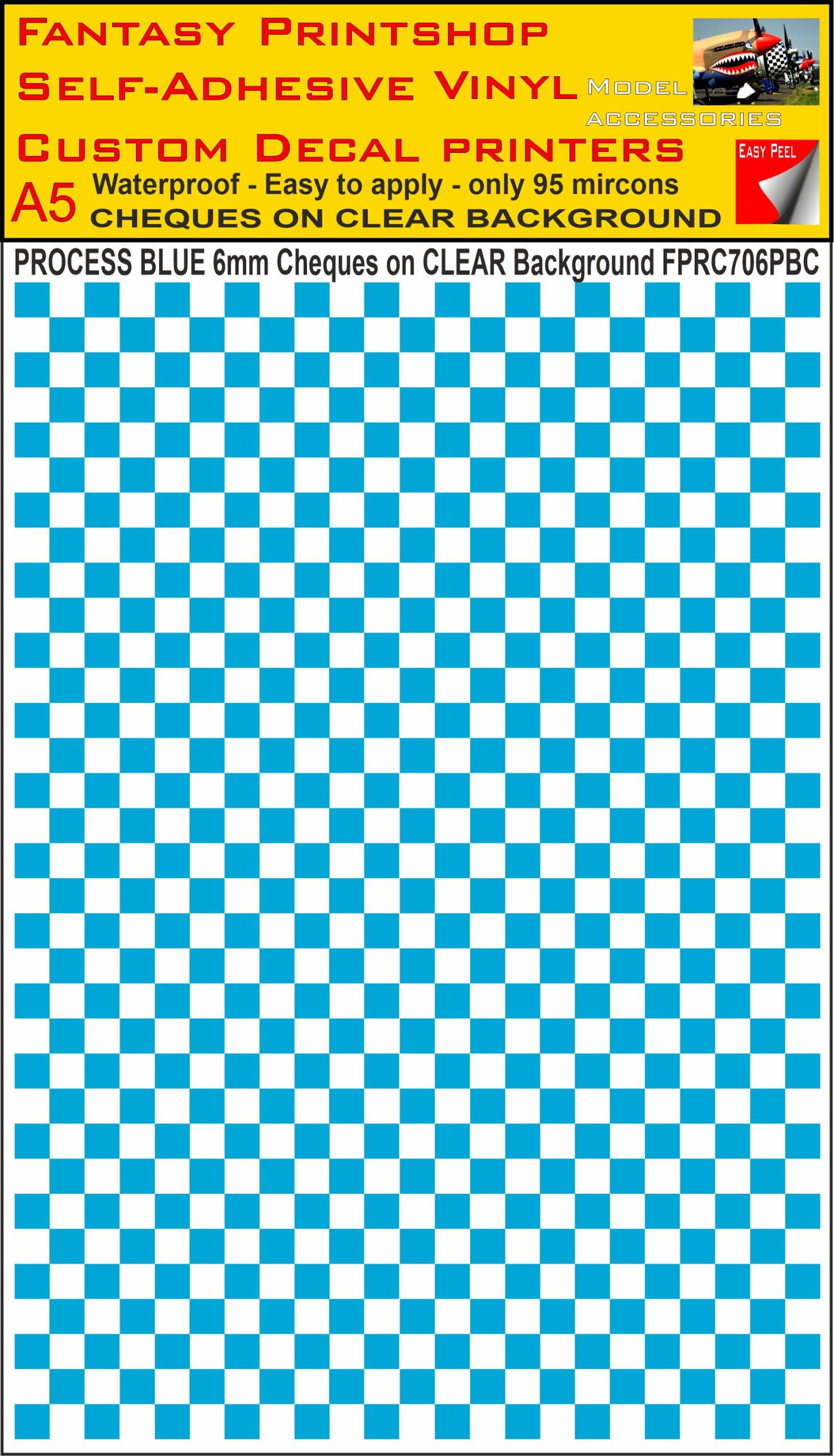 A5 PROCESS BLUE 6MM SQUARES FPRC700BC CHEQUERED ON CLEAR BACKGROUND VINYL STICKER