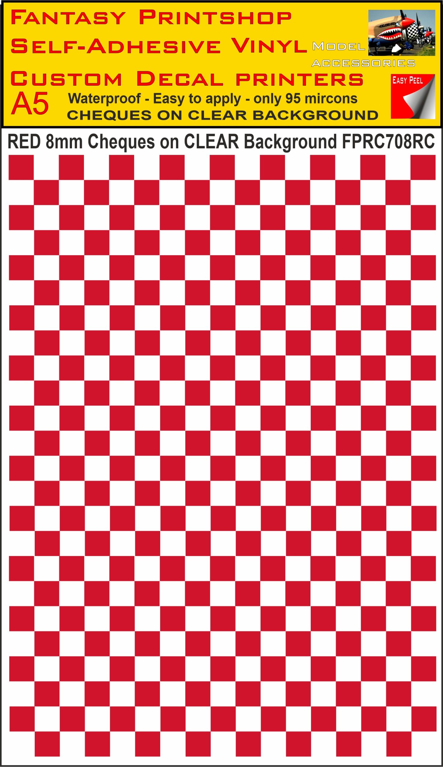 A5 RED 8MM SQUARES FPRC700BC CHEQUERED ON CLEAR BACKGROUND VINYL STICKER