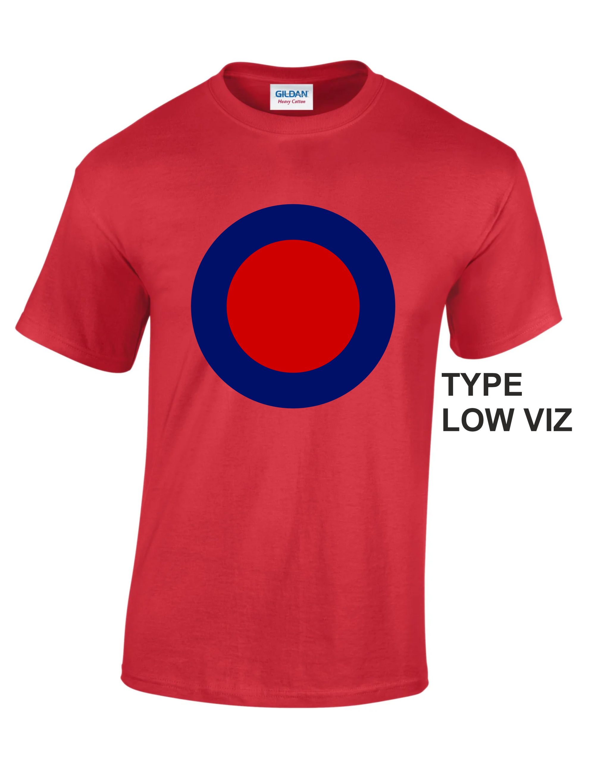 Gildan RED T-shirt with print of RAF roundel LOW VIZ